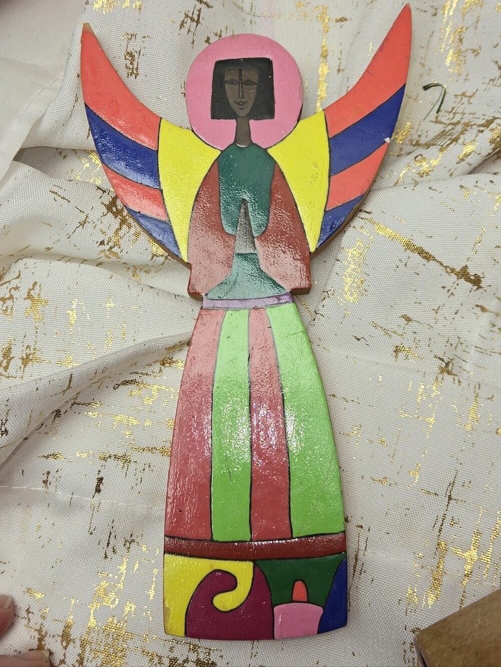 El Salvador Folk Art Angel, Wood, Handmade, Marked Well With Wall Hanger Vintage